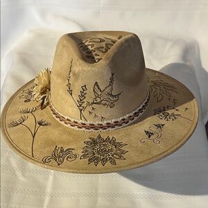 Burned Design  Tan Wide Brim Hat